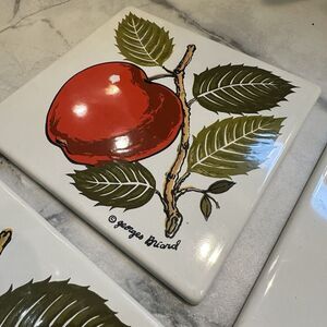 Vintage Georges Briard Apple Enamel Metal Tiles Set of 4 Signed MCM